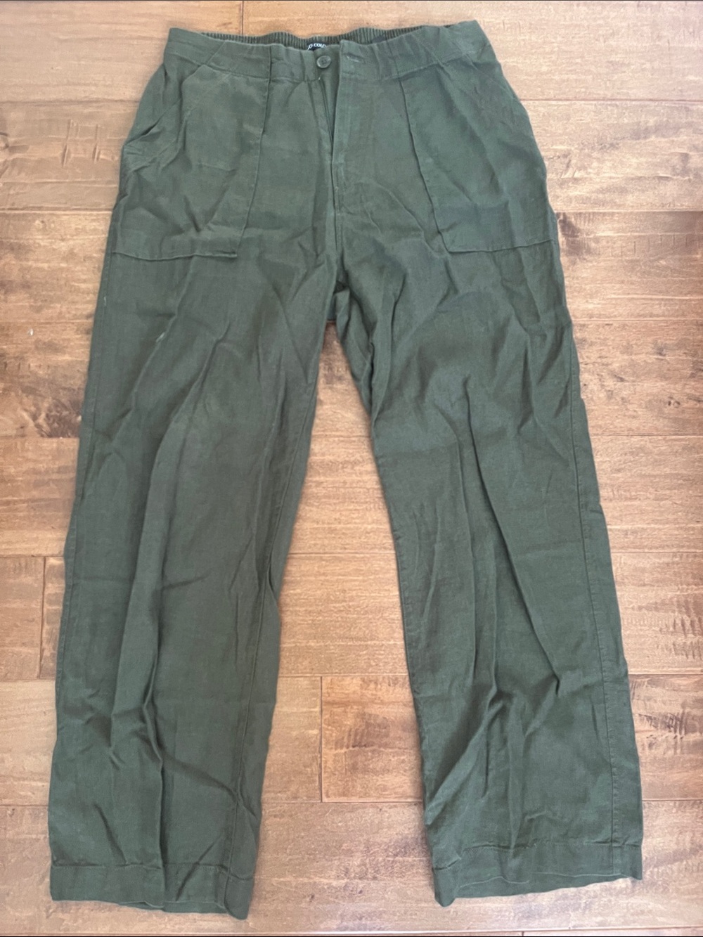 Olive Green Linen Wide Leg Pants Elastic Waist